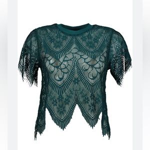 EUC Bishop and Young Sheer Genius Lace tee in emerald green. Size Small